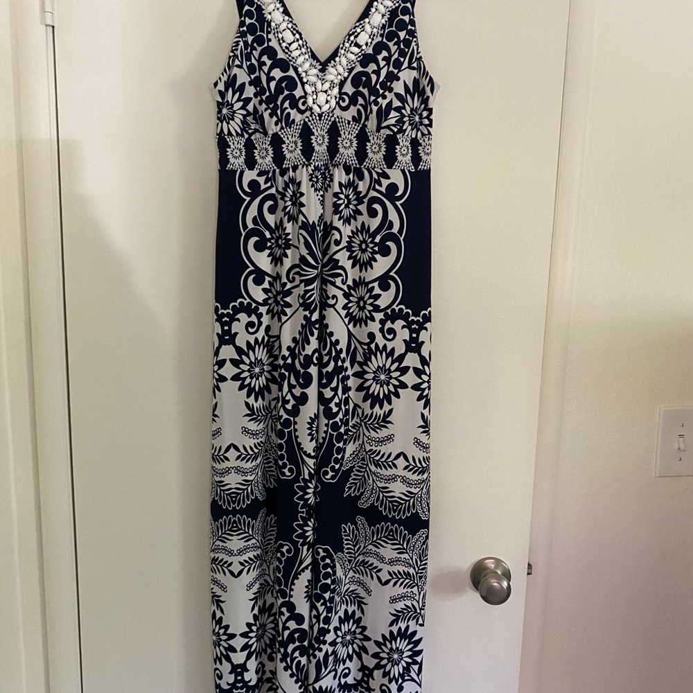 Blue and white maxi dress